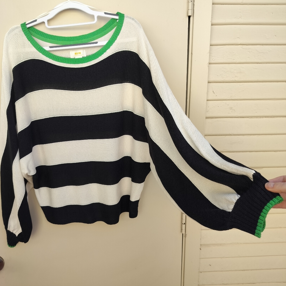 Maeve Anthropologie Black White Stripe Green Trim Boat Neck Sweater Size Large - Picture 9 of 9
